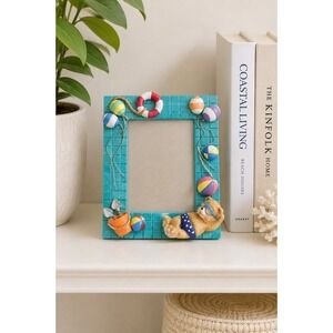 Vintage 3D Teddy Bear Beach Picture Frame Turquoise Resin Coastal Nursery Decor‎